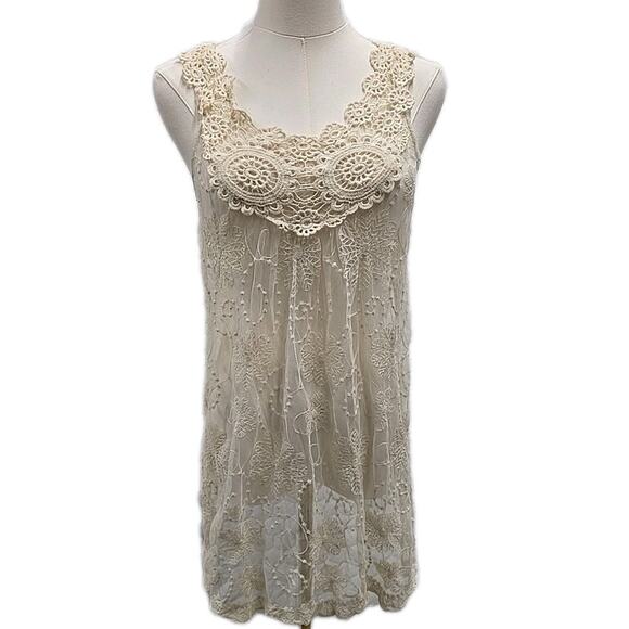 American Rag Cie Womens Crochet Sheer Tunic Top Sz M Ecru Boho Cottagecore - Picture 1 of 9